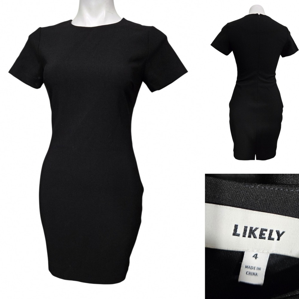 Likely Black Short Sleeve Sheath Mini Dress Size 4 Crew Neck Stretch Work Party